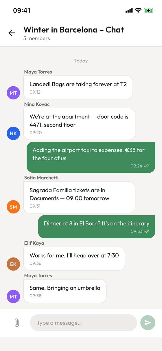 Giterra trip chat screen showing a travel group settling the plan for the day
